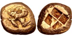 Greek Mysia, Kyzikos EL Stater. Circa 550-450 BC. Winged figure to right, consisting of man's body with dolphin's head, holding tunny fish in left hand, right hand raised behind head. Von Fritze -, cf