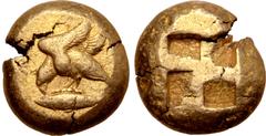 Greek Mysia, Kyzikos EL Stater. Circa 500-450 BC. Eagle standing to left, both wings raised, pecking at tunny fish below to left / Quadripartite incuse square. Von Fritze 94, pl. III, 13 = Boston MFA 
