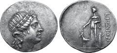 Greek Karia, Knidos AR Tetradrachm. Circa 200 BC. Head of Apollo right, wearing laurel wreath / Artemis Hyakinthotrophos standing facing, head left, holding phiale in extended right hand, her left arm