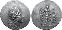 Greek Islands off Karia, Kos AR Tetradrachm. Magistrate Euruloxos, circa 170-160 BC. Head of Aphrodite right, wreathed with myrtle / Asklepios naked to hips, standing right, leaning on staff entwined 