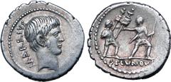 Roman Imperatorial M. Arrius Secundus AR Denarius. Rome, 43 BC. Youthful male head (Quintus Arrius, with the features of Octavian) with slight beard to right; M ARRIVS behind / Soldier advancing to ri
