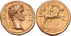 Roman Imperial Augustus AV Aureus. Lugdunum, 8 BC. AVGVSTVS DIVI F, laureate head right / C•CAES, Gaius Caesar galloping to right, holding sword and shield in left hand and gripping reins with right; 