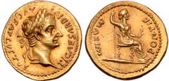 Roman Imperial Tiberius AV Aureus. Lugdunum, circa AD 18-35. TI CAESAR DIVI AVG F AVGVSTVS, laureate head of Tiberius right / PONTIF MAXIM, Livia, as Pax, seated right, holding sceptre and olive branc