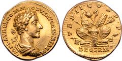 Roman Imperial Commodus, as Caesar, AV Aureus. Rome, AD 177. IMP L AVREL COMMODVS AVG GERM SARM, laureate and draped bust right / TR P II COS P P, pile of captured Germanic arms; DE GERM in exergue. R