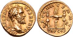 Roman Imperial Septimius Severus AV Aureus. Rome, AD 193. IMP CAE • L • SEP SEV PERT AVG, laureate bust right / LEG XIIII • GEM • M • V •, legionary aquila between two signa; forepart of capricorn on 