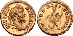 Roman Imperial Septimius Severus AV Aureus. Rome, AD 205. SEVERVS PIVS AVG, laureate head right / P M TR P XIII COS III P P, Jupiter standing left, holding thunderbolt and sceptre, eagle standing to l