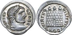 Roman Imperial Severus II, as Caesar, AR Argenteus. Serdica, AD 305-306. SEVERVS NOB C, laureate bust right / VIRTVS MILITVM, three-turreted camp-gate with no doors, pellet in doorway, •SM•SDA• in exe