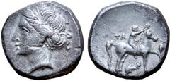 Greek Calabria, Tarentum AR Nomos. Campano-Tarentine series, circa 281-228 BC. Head of nymph left, wearing head band and triple pendant earring / Nude youth on horseback right, crowning horse that rai