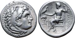 Greek Kingdom of Macedon, Alexander III 'the Great' AR Drachm. Magnesia ad Maeandrum, circa 325-323 BC. Head of Herakles to right, wearing lion skin headdress; small M on headdress / Zeus Aëtophoros s