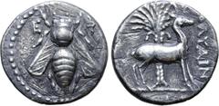 Greek Ionia, Ephesos AR Drachm. Circa 202-150 BC. Polyainos, magistrate. Bee with straight wings; E-Φ flanking / Stag standing to right, palm tree in background; [Π]ΟΛΥΑΙΝ[ΟΣ] to right. Cf. SNG Copenh