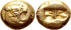 Greek Kingdom of Lydia, Alyattes EL Trite - 1/3 Stater. Sardes, circa 610-546 BC. Head of roaring lion right, sunburst with multiple rays on forehead / Two incuse square punches. Trait II/1, 44, pl. I