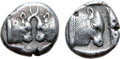 Greek Karia, uncertain mint (Mint D) AR Obol. Circa 5th century BC. Milesian standard. Confronted foreparts of two bulls / Head of bull to right within incuse square. Cf. Roma E-15, 265; cf. Konuk, Co