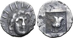 Greek Rhodos, Rhodes AR Hemidrachm. Circa 125-88 BC. 'Plinthophoric' coinage. Timokrates(?), magistrate. Head of Helios facing slightly right / Rose with bud to right; [P]-O across fields, [TIMOKPATHΣ