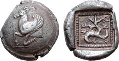 Greek Dynasts of Lykia, Khinakha AR Tetrobol. Kandyba(?), circa 475-400 BC. Forepart of winged stag left on round shield / Diskeles surmounted by Lycian letter, Lycian script around; within incuse squ