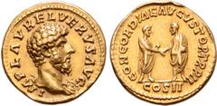 Roman Imperial Lucius Verus AV Aureus. Rome, AD 161-162. IMP L AVREL VERVS AVG, bare head right, wearing aegis on left shoulder / CONCORDIAE AVGVSTOR TR P II, M. Aurelius standing right and holding sc