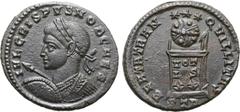 Roman Imperial Crispus, as Caesar, Æ Nummus. Treveri, AD 321. IVL CRISPVS NOB CAES, laureate and cuirassed bust left, spear pointing forward with shield / BEATA TRANQVILLITAS, altar inscribed VOTIS XX