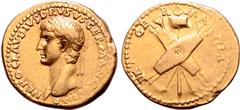 Roman Imperial Nero Claudius Drusus (father of Claudius) AV Aureus. Rome, circa 41-45. NERO CLAVDIVS DRVSVS GERMANICVS IMP, laureate head of Nero Claudius Drusus to left / DE GERMANIS, two oblong Germ