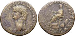 Roman Imperial Nero Claudius Drusus (father of Claudius I) Æ Sestertius. Rome, AD 41-54. NERO CLAVDIVS DRVSVS GERMANICVS IMP, bare head left / TI CLAVDIVS CAESAR AVG P M TR P IMP, Claudius, togate, se