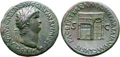 Roman Imperial Nero Æ Sestertius. Rome, AD 66. NERO CLAVDIVS CAESAR AVG GER P M TR P IMP P P, laureate head right / PACE P R TERRA MARIQ PARTA IANVM CLVSIT, temple of Janus with latticed windows and g