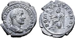 Roman Imperial Gordian I Africanus AR Denarius. Rome, March-April 238 AD. IMP M ANT GORDIANVS AFR AVG, laureate, draped and cuirassed bust right / ROMAE AETERNAE, Roma seated left on shield, holding v