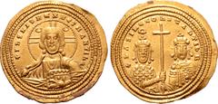 Byzantine Basil II Bulgaroktonos, with Constantine VIII, AV Histamenon Nomisma. Constantinople, AD 1005-1025. + IҺS XIS RЄX RЄGNANTIҺM, bust of Christ facing, wearing nimbus with crescents in upper qu