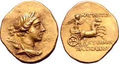 Greek Ionia, Magnesia ad Maeandrum AV Stater. Circa 155-140 BC. Euphemos, son of Pausanias, magistrate. Draped bust of Artemis to right, wearing stephane, and with bow and quiver over shoulder / Nike,