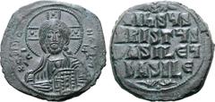 Byzantine Anonymous Æ 40 Nummi. Time of Basil II and Constantine VIII. Constantinople, circa 976-1025. Facing nimbus bust of Christ, holding Gospels /+IhSЧS XRISTЧS bASILЄЧ bASILЄ in four lines. DOC C