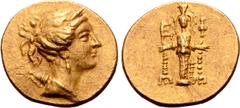 Greek Ionia, Ephesos AV Stater. Circa 155-140 BC. Draped bust of Artemis right, wearing stephane, and with bow and quiver over shoulder / Cult statue of the Artemis of Ephesos facing, a fillet hanging