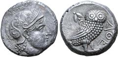 Greek Baktria, 'Athenian Series' AR Tetradrachm. Uncertain mint in the Oxus region, circa 261-239/8 BC. Attic standard. Head of Athena right, wearing earring, necklace, and crested Attic helmet decora
