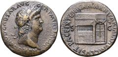 Roman Imperial Nero Æ Sestertius. Lugdunum, AD 65. NERO CLAVD CAESAR AVG GER P M TR P IMP P P, laureate head right, globe at point of bust / PACE P R TERRA MARIQ PARTA IANVM CLVSIT, Temple of Janus wi