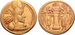 Greek Sasanian Kings, Shapur I AV Dinar. Ctesiphon, AD 260-272. Draped bust right, wearing diadem and mural crown surmounted by a korymbos / Fire-altar flanked by two regal attendants wearing mural cr