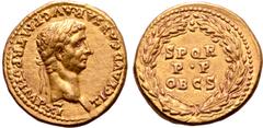 Roman Imperial Claudius I AV Aureus. Lugdunum, AD 46-47. TI CLAVD CAESAR AVG P M TR P VI IMP XI, laureate head right / SPQR P•P OB C S, in three lines within oak-wreath. RIC 40; Calicó 358; BMCRE 42-4
