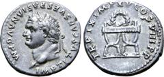 Roman Imperial Titus AR Denarius. Rome, AD 80. IMP TITVS CAES VESPASIAN AVG P M, laureate head left / TR P IX IMP XV COS VIII P P, curule chair with wreath above. RIC 109; RSC 319; BMCRE 70. 3.42g, 18