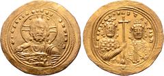 Byzantine Basil II Bulgaroktonos, with Constantine VIII, AV Histamenon Nomisma. Constantinople, AD 1005-1025. + IҺS XIS RЄX RЄGNANTIҺM, bust of Christ facing, wearing nimbus with crescents in upper qu