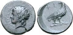 Greek Sicily, Akragas Æ Onkia. Tyranny of Phintias, circa 287-279 BC. Laureate head of Apollo left / Eagle standing right with head turned back. CNS I, 119; SNG Copenhagen 98; SNG ANS 1125. 2.62g, 17m