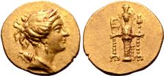Greek Ionia, Ephesos AV Stater. Circa 155-140 BC. Draped bust of Artemis right, wearing stephane, and with bow and quiver over shoulder / Cult statue of the Artemis of Ephesos facing, a fillet hanging