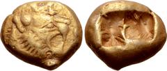 Greek Kingdom of Lydia, Alyattes EL Trite - 1/3 Stater. Sardes, circa 610-546 BC. Head of roaring lion right, sunburst with multiple rays on forehead / Two incuse square punches. Trait II/1, 44, pl. I