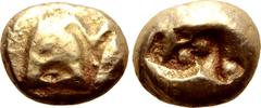 Greek Lydia or Ionia, uncertain mint EL Hekte - 1/6 Stater. Circa 600-560 BC. Lydo-Milesian Standard. Linear outline of conjoined, roaring lions' heads (one struck off flan); all on raised square fram