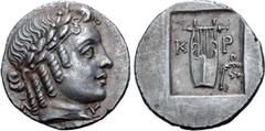 Greek Lykian League, Kragos AR Hemidrachm. Circa 48-23 BC. Laureate head of Apollo right, Λ behind, Y in front / Kithara of five strings, K-P across upper fields, branch in lower right field; all with
