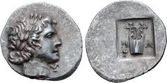 Greek Lykian League, Masikytes AR Hemidrachm. Circa 48-42 BC. Laureate head of Apollo right; Λ behind, Y in front / Kithara of three strings, M-A across lower fields, plectrum below on left; all withi