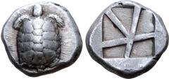 Greek Islands off Attica, Aegina AR Stater. Circa 456/45-431 BC. Land tortoise with segmented shell / Large square incuse with skew pattern. Meadows, Aegina, Group IIIb; HGC 6, 437; Dewing 1683. 12.12