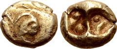 Greek Lydia or Ionia, uncertain mint EL Hekte - 1/6 Stater. Circa 600-560 BC. Lydo-Milesian Standard. Linear outline of conjoined, roaring lions' heads; all on raised square frame / Double incuse punc