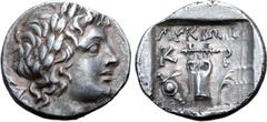 Greek Lykian League, Kragos AR Hemidrachm. Circa 48-23 BC. Laureate head of Apollo right, Λ behind, [Y] in front / Kithara of three strings, ΛYKIΩN above, K-P across upper fields; sword in scabbard (w