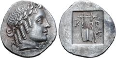 Greek Lykian League, Kragos AR Hemidrachm. Circa 48-23 BC. Laureate head of Apollo right, Λ behind, Y in front / Kithara of five strings, K-P across upper fields, branch in lower right field; all with