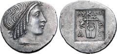 Greek Lykian League, Kragos AR Hemidrachm. Circa 35-30 BC. Head of Apollo right, wearing taenia / Kithara of four strings, ΛYKIΩN above, K-P across upper fields, A-Γ across lower fields; all within sh