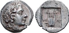 Greek Lykian League, Masikytes AR Hemidrachm. Circa 48-42 BC. Laureate head of Apollo right; Λ behind, [Y] in front / Kithara of five strings, M-A across lower fields, plectrum below on left; all with