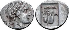 Greek Lykian League, Masikytes AR Hemidrachm. Circa 39-35 BC. Laureate head of Apollo right / Kithara of three strings, M-A across upper fields, serpent coiled around omphalos in left field; all withi