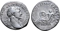 Roman Imperial Trajan AR Denarius. Rome, AD 112-117.[ IMP TRAIAN]O AVG GER DAC P M TR P COS VI P P, laureate head right, slight drapery on far shoulder / S P Q R OPTIMO PRINCIPI, personification of Vi