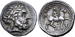 The Prof. Hermann Lanz Collection Celts in Eastern Europe AR Tetradrachm. 'Siegesreiter' Prototype Issue. Imitating Philip II of Macedon (Amphipolis mint). Circa 315/4-295/4 BC. Laureate head of Zeus 