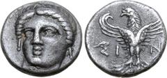 The William Stancomb Collection Paphlagonia, Sinope AR Trihemiobol. Circa 330-300 BC. Head of nymph Sinope three-quarters facing, turned slightly to left / Eagle standing facing with wings spread, hea